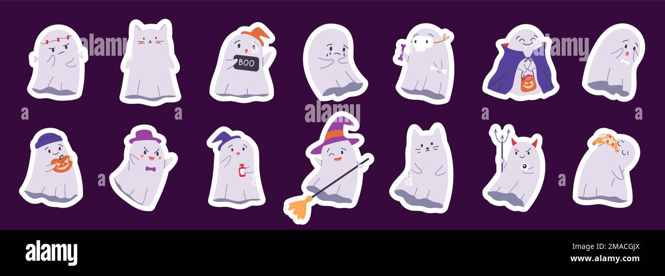 Adesivi Halloween carini con fantasma spettrale set. Personaggi fantasmi felici per i bambini. Adesivi vettoriali piatti Illustrazione Vettoriale