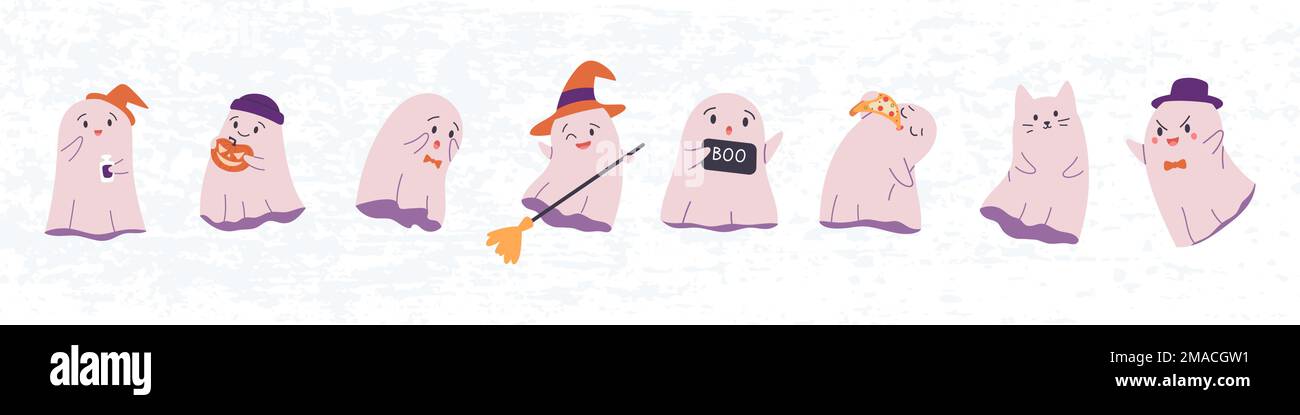 Happy Halloween banner o invito festa con cute fantasmi in diversi costumi. Kawaii carattere spooky per i bambini. Illustrazione del vettore piatto. Illustrazione Vettoriale