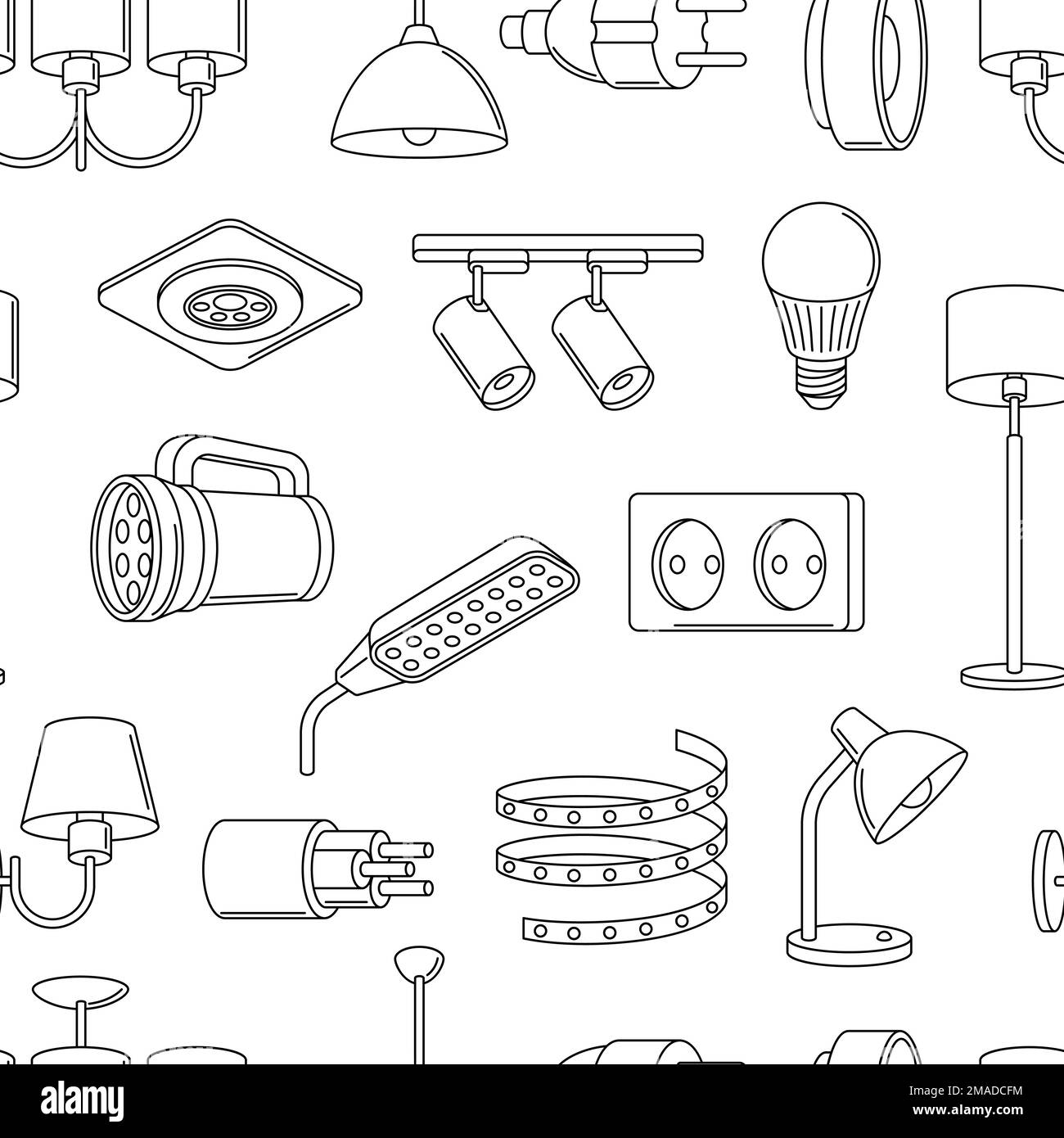 Modello senza cuciture con luci e lampade elettriche. Apparecchiature elettriche. Design industriale o aziendale. Illustrazione Vettoriale