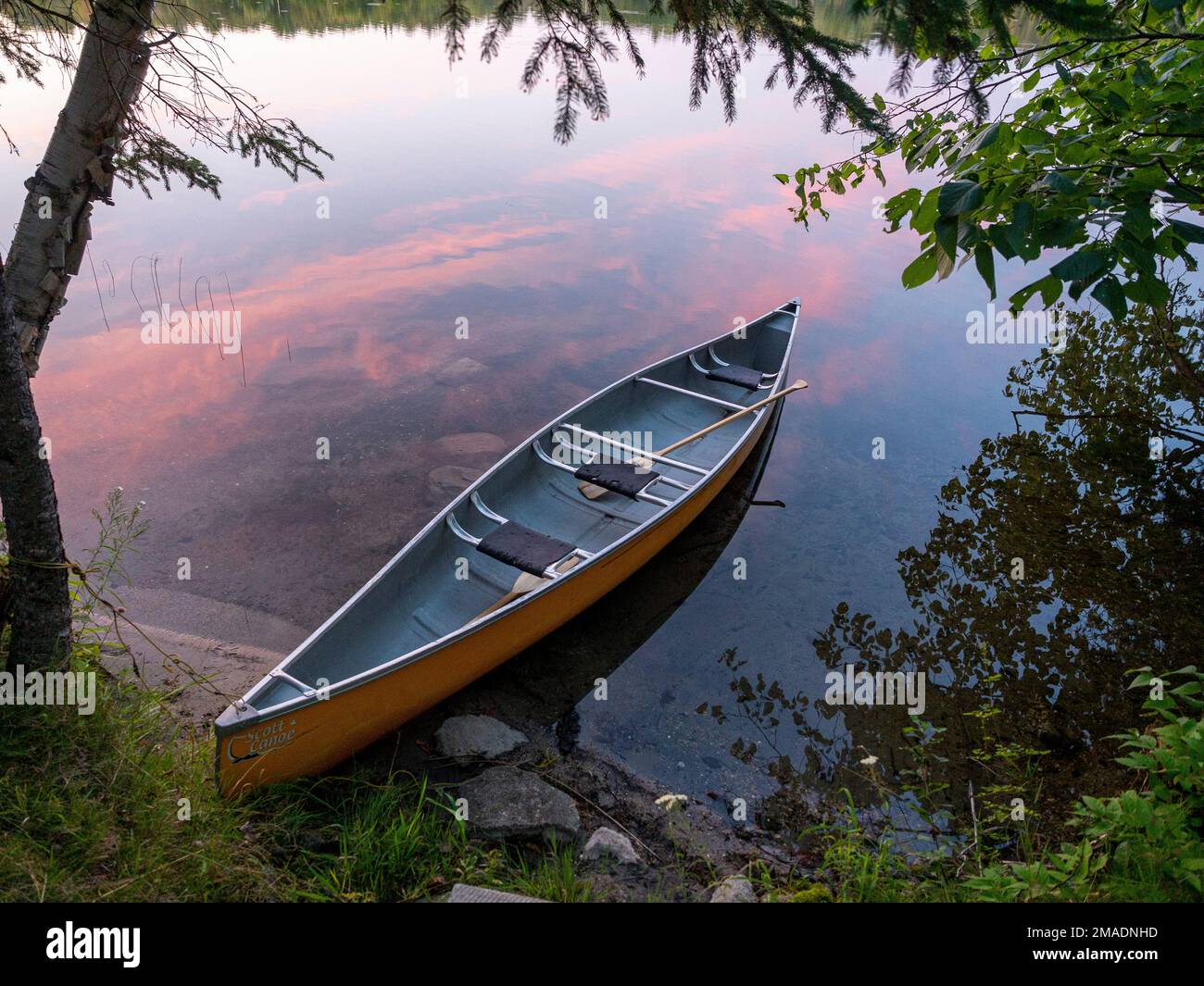 Canoa gialla legata a Shore: Una canoa gialla in fibra di vetro con due pagaie legate ad un albero come il rosso di un tramonto si riflette nella calma acqua di un lago occidentale del Quebec. Foto Stock