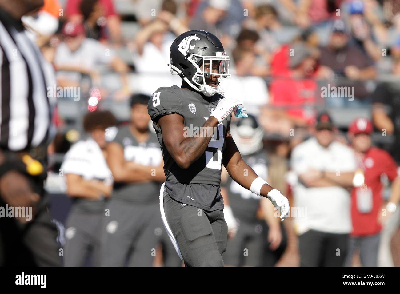 Washington State wide receiver Renard Bell stands on the field during the second half of an NCAA college football game against Oregon, Saturday, Sept. 24, 2022, in Pullman, Wash. (AP Photo/Young Kwak) Foto Stock