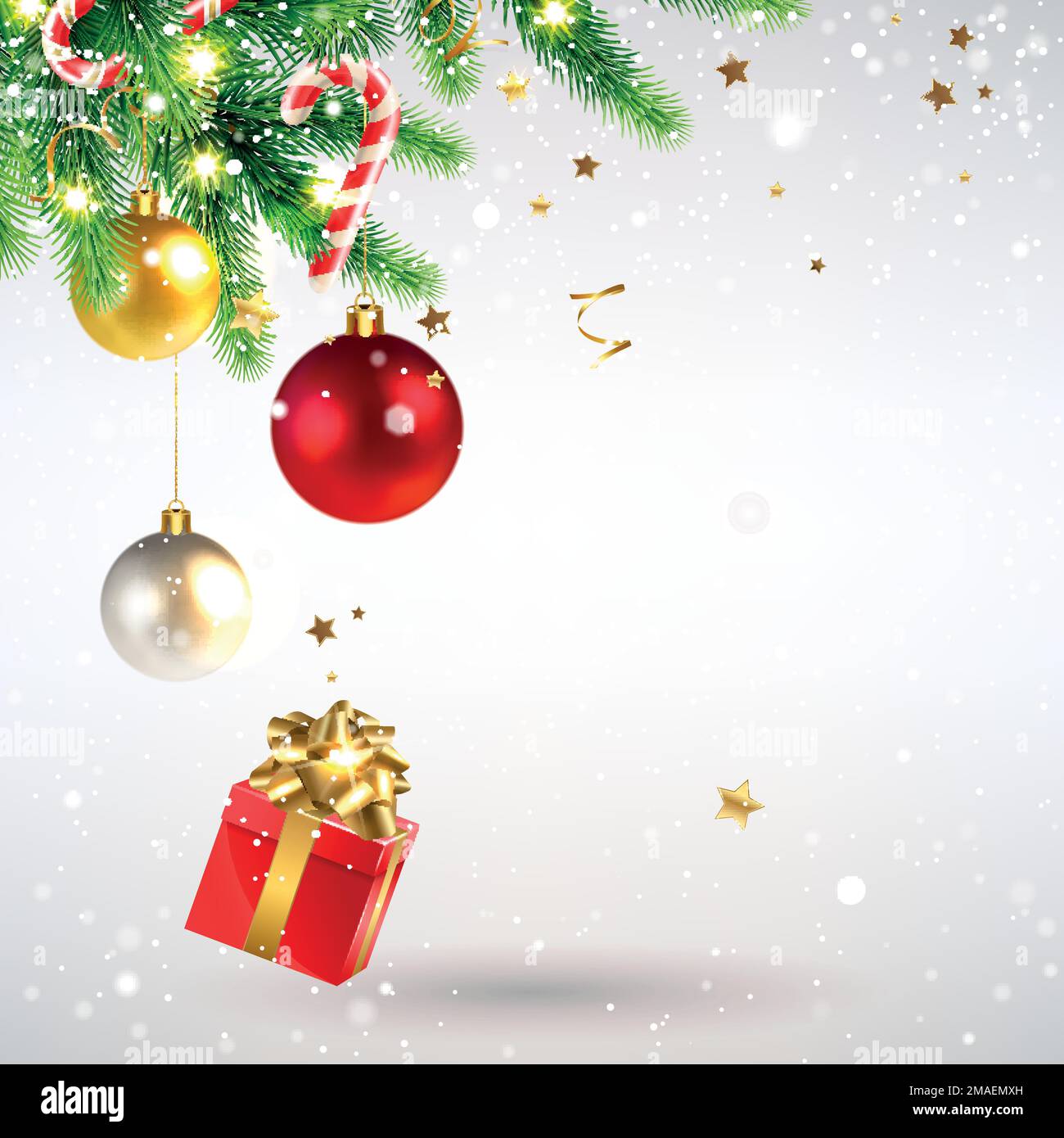 Banner natalizio con rami decorati in abete rosso e un regalo su sfondo chiaro Illustrazione Vettoriale