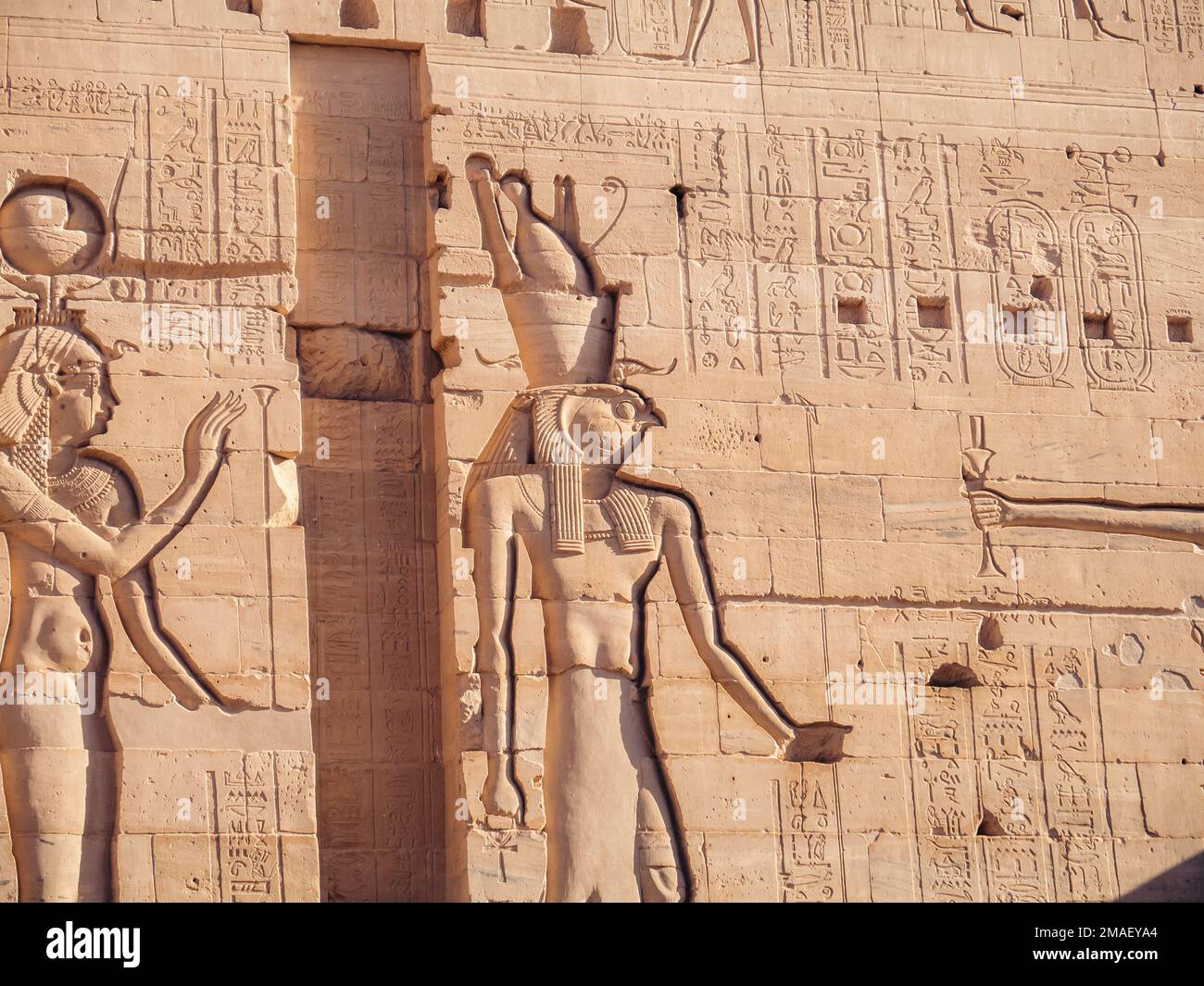 Heiroglyphs sulle pareti del Tempio di Philae, Assuan, Egitto. Foto Stock