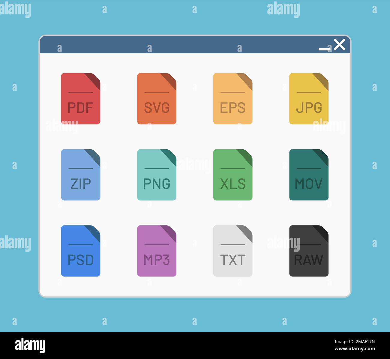 finestra di interfaccia desktop con icona forma formato file zip xls psd jpg isolato semplice interfaccia grafica vettoriale piatto Illustrazione Vettoriale