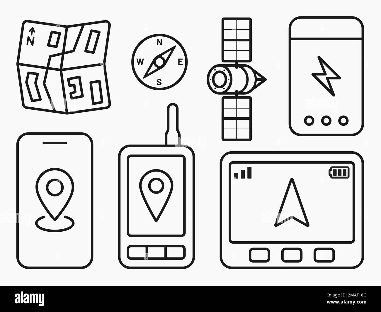icona della linea della batteria bussola del sistema di navigazione gps portatile set vector flat Illustrazione Vettoriale