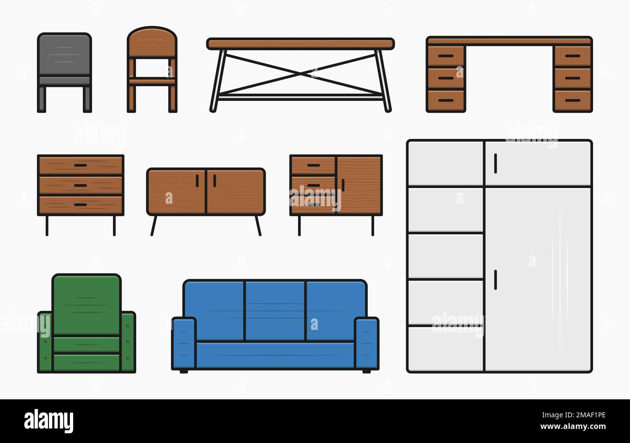 mobili tavolo di legno colore icona set vettore piatto illustrazione Illustrazione Vettoriale