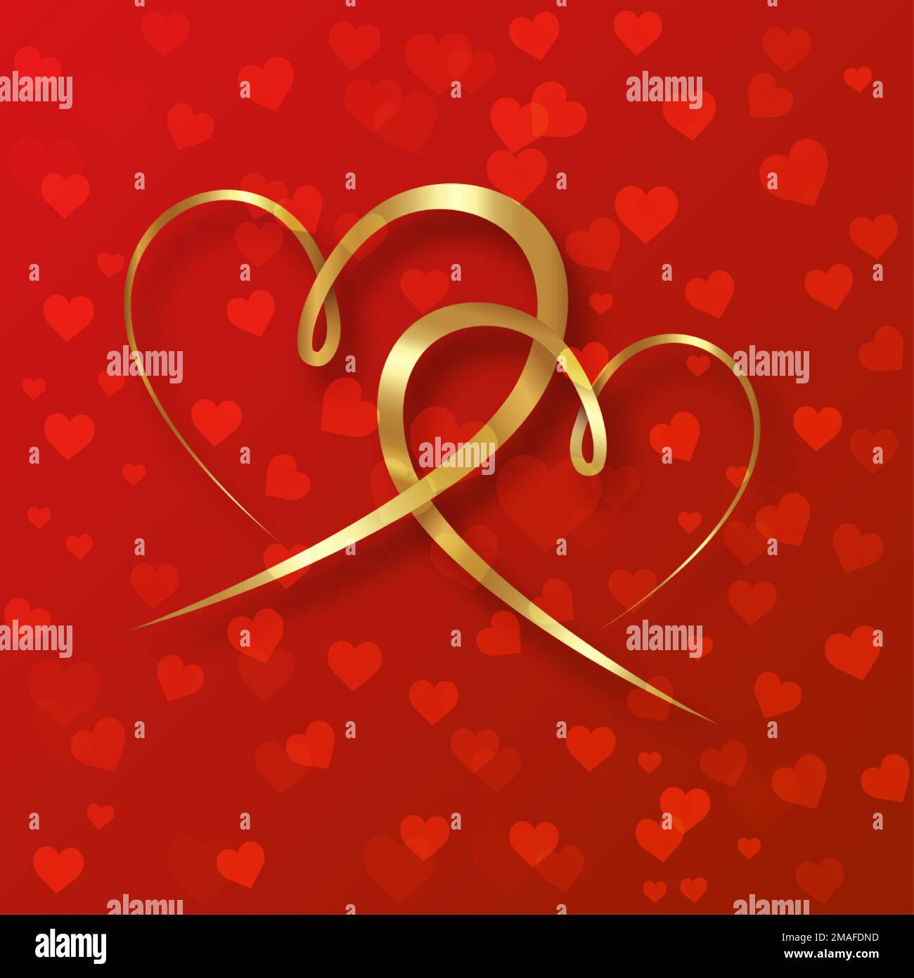 Anelli di Unione. Due cuori dorati si isolano su sfondo rosso. Buon giorno di San Valentino concetto, 3D vettore illustrazione, copia spazio lusso Illustrazione Vettoriale