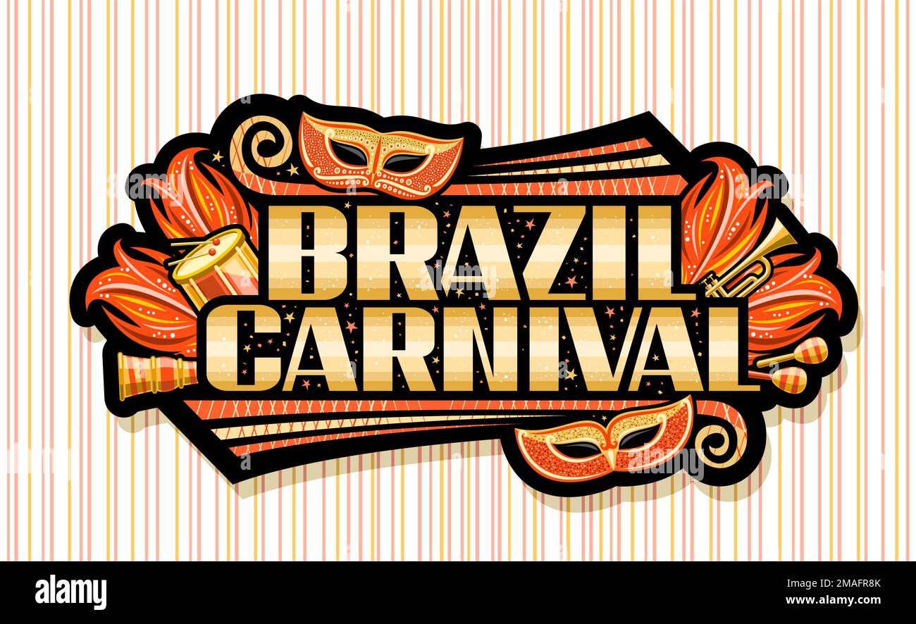 Banner vettoriale per il Carnevale del Brasile, poster orizzontale con illustrazione di maschera veneziana, strumenti musicali, piume di carnevale arancio e lett unico Illustrazione Vettoriale