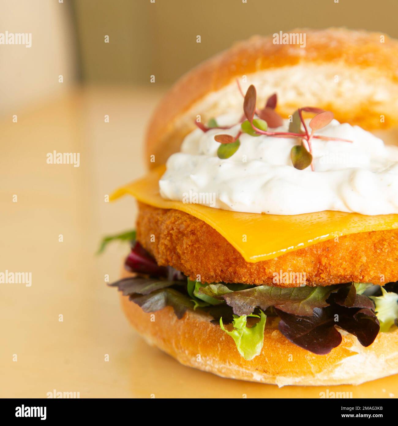 Autentico hamburger di pollo croccante americano di prima qualità Foto Stock
