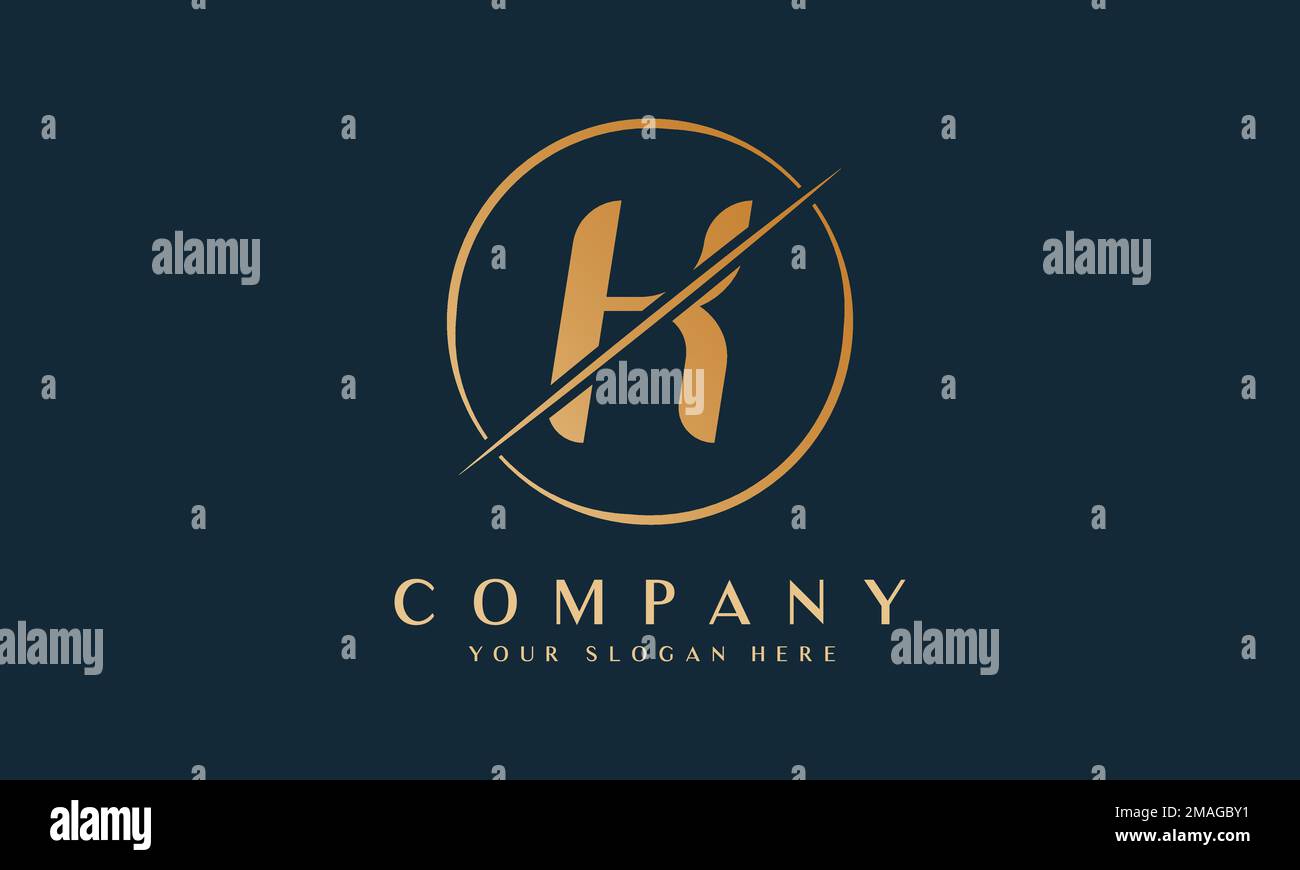 Logo lettera K a forma di cerchio. Modello logo lettera K Luxury in colore oro. Design di un bellissimo logo per il marchio di un'azienda di lusso. Illustrazione Vettoriale