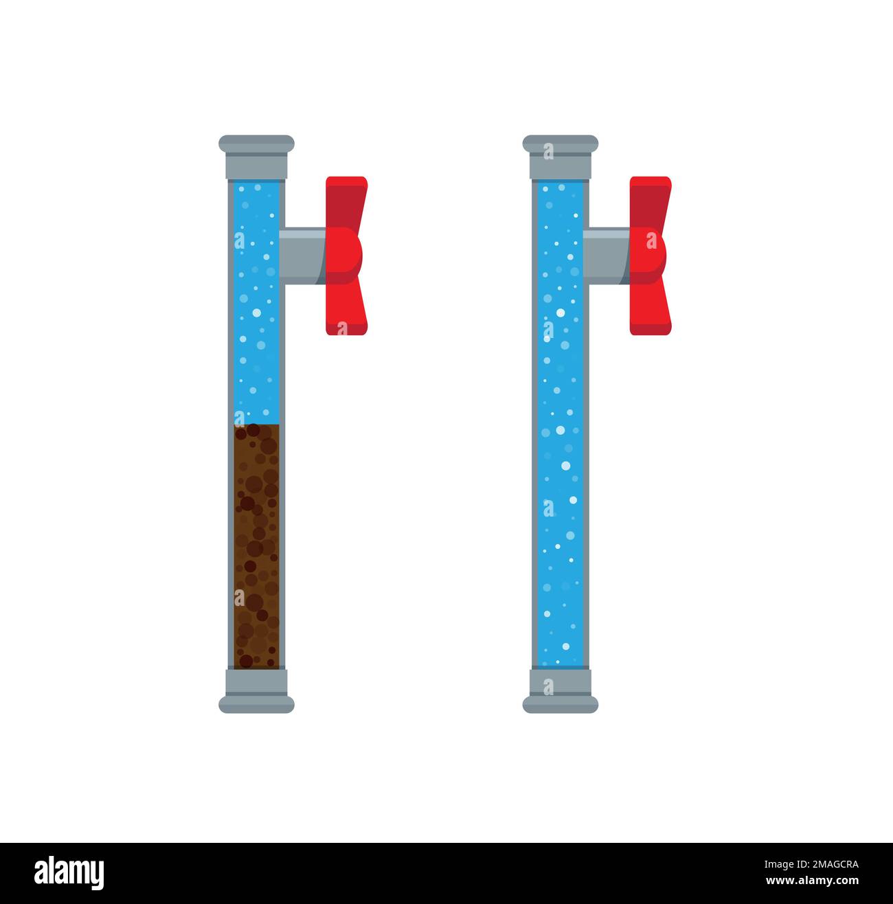 Un'illustrazione del materiale vettoriale con tubo intasato e rifiuti all'interno isolati su uno sfondo bianco. Il tubo sezionale è ostruito, acqua morchia. Uno sto piatto Illustrazione Vettoriale