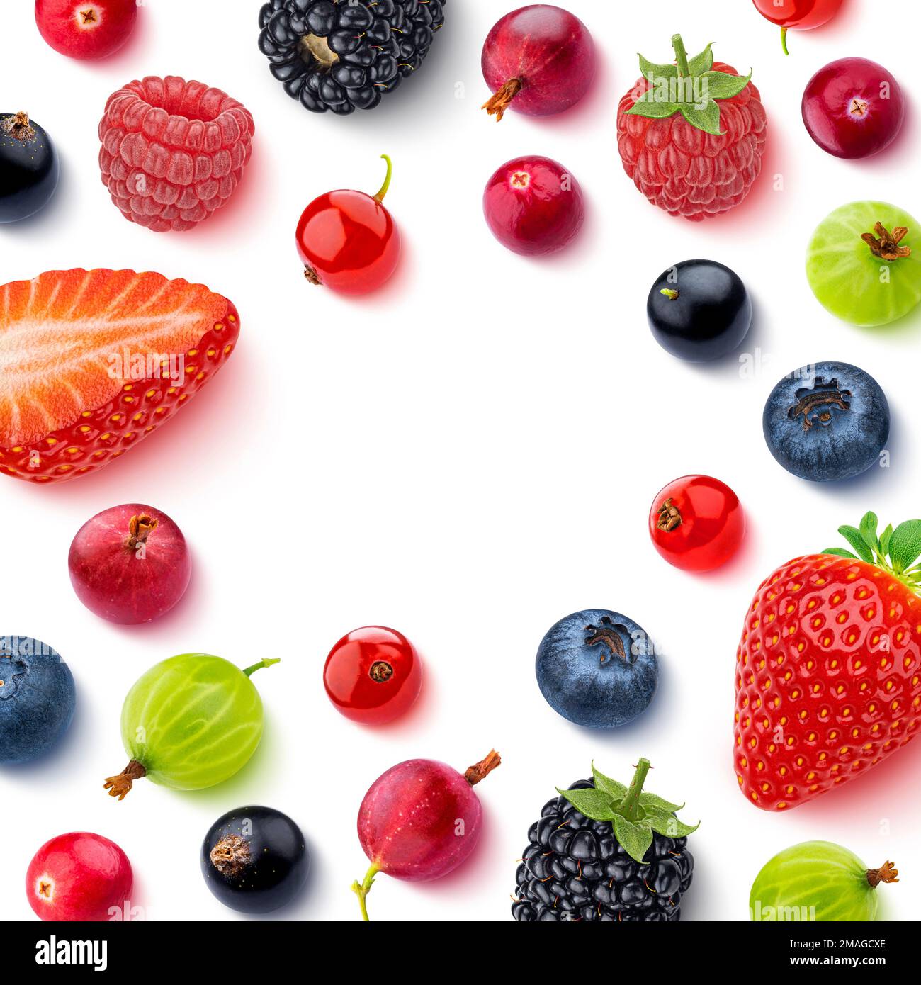 Frutta e bacche cornice isolata su sfondo bianco, vista dall'alto, piatto Foto Stock