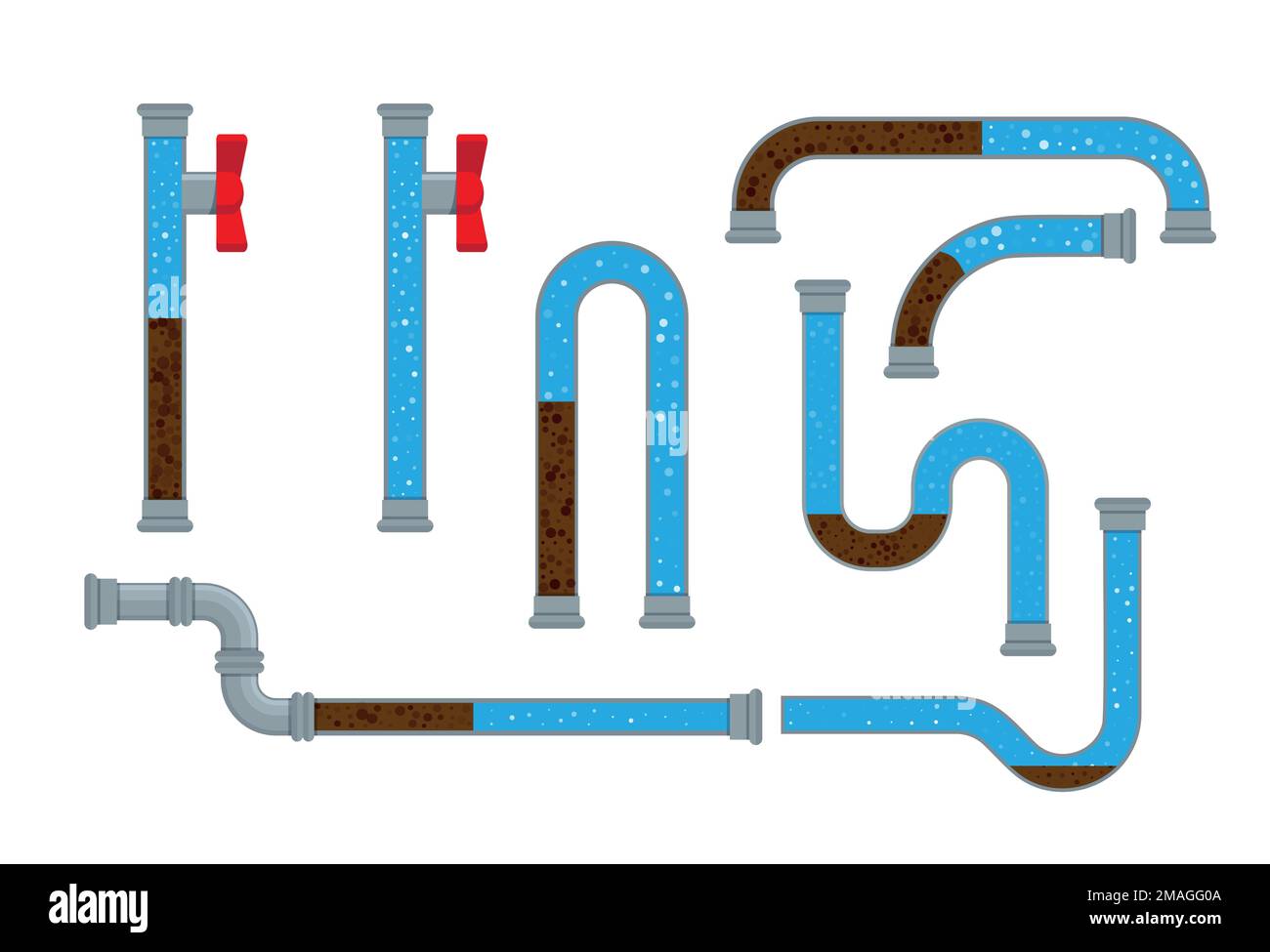 Un'illustrazione del materiale vettoriale con tubo intasato e rifiuti all'interno isolati su uno sfondo bianco. Il tubo sezionale è ostruito, acqua morchia. Uno sto piatto Illustrazione Vettoriale