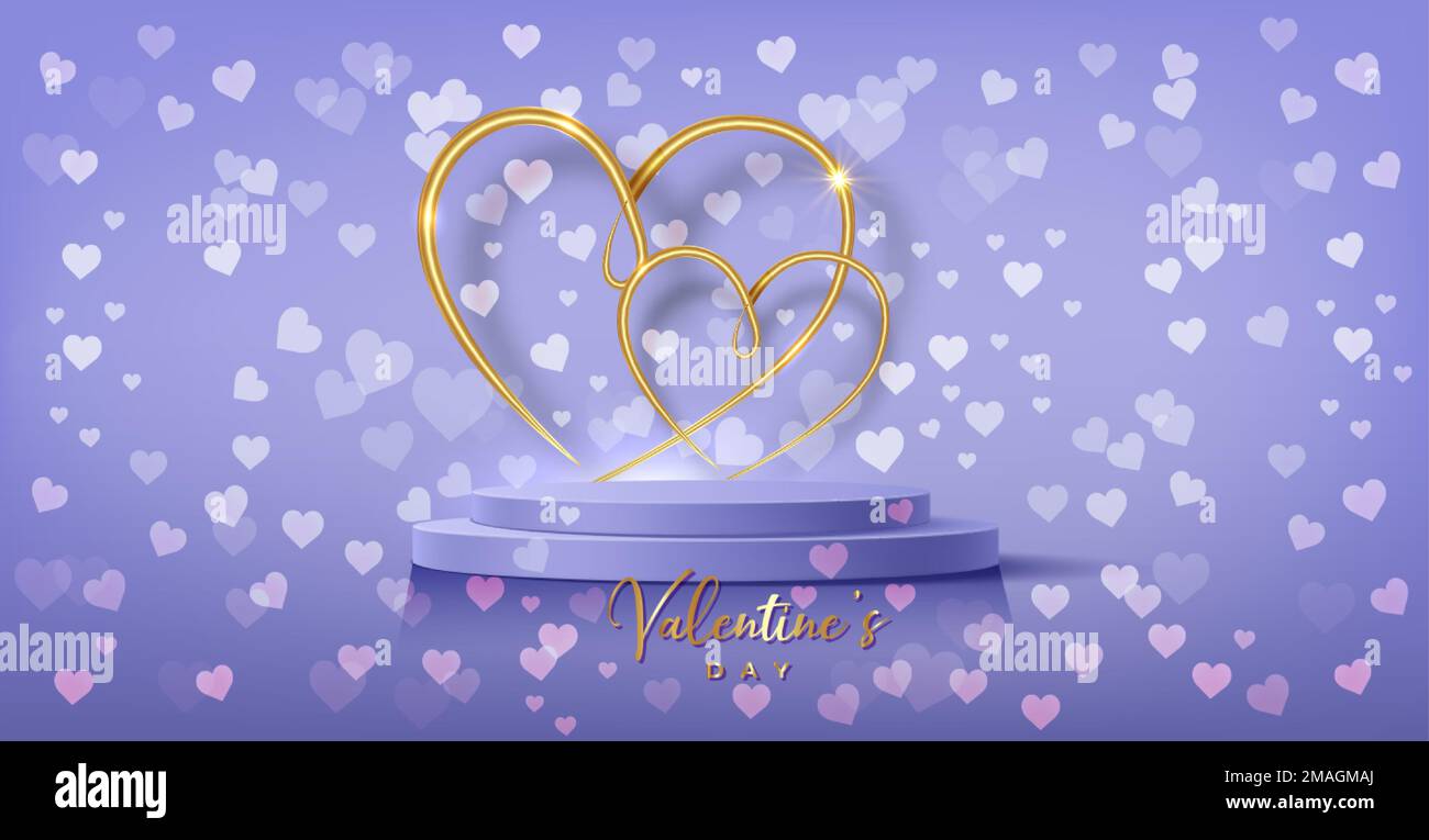 Palcoscenico podio decorato con oro forma di cuore illuminazione. Scena piedistallo con per prodotti, pubblicità, spettacolo, cerimonia di premiazione, su sfondo viola Illustrazione Vettoriale