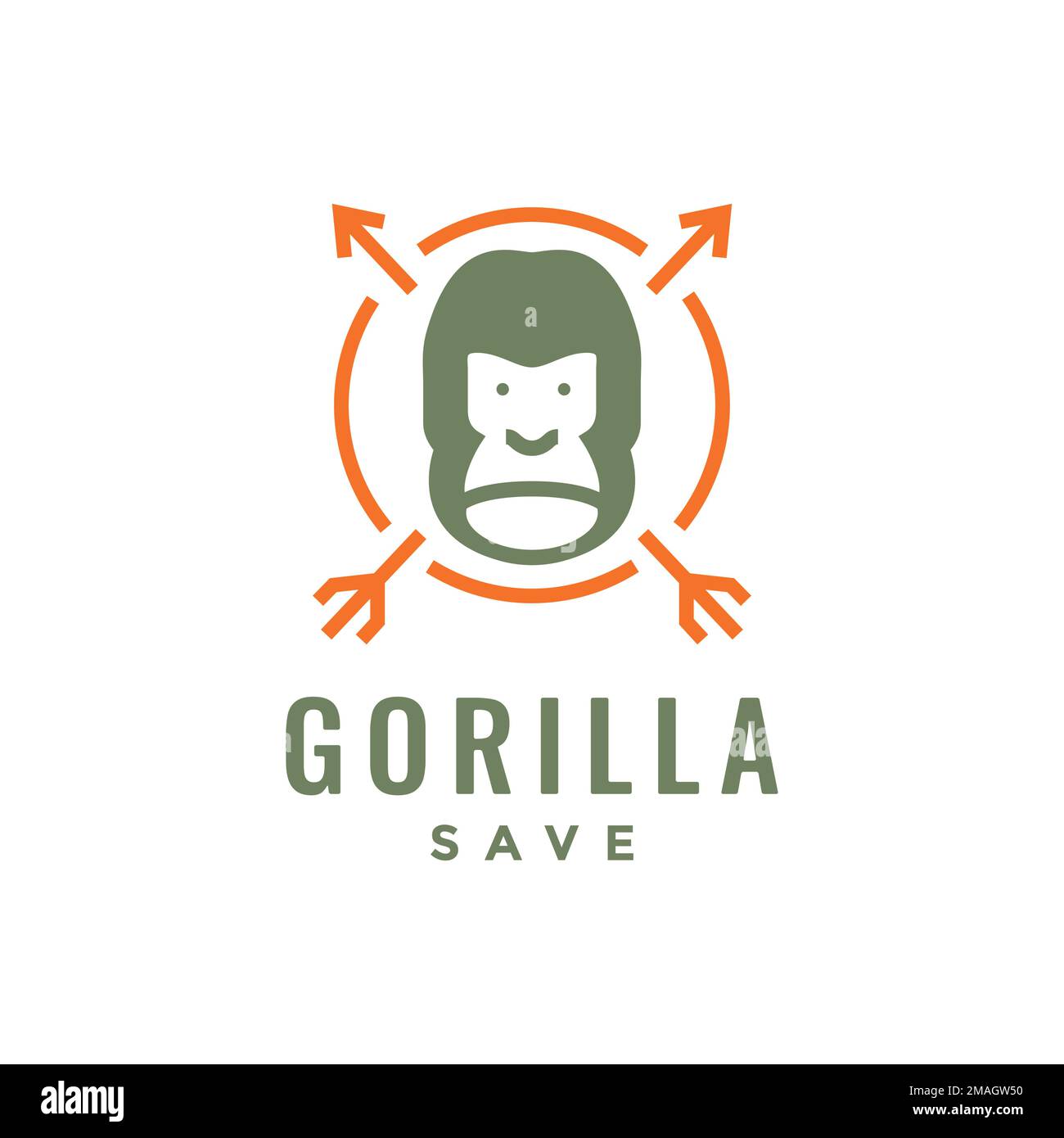 faccia gorilla con frecce incrociate salvare mascotte cute minimal logo design vettoriale icona modello di illustrazione Illustrazione Vettoriale