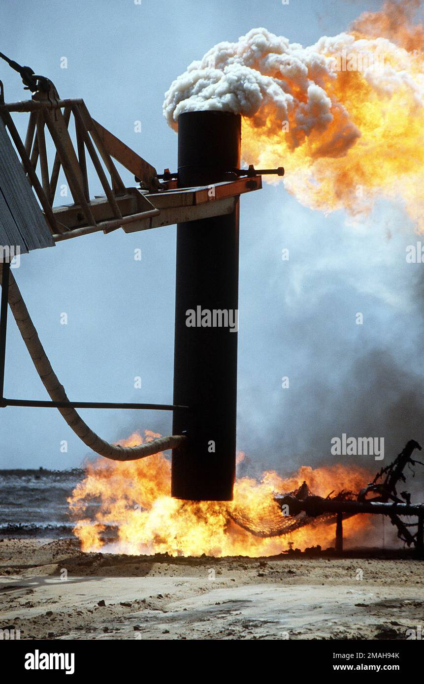 Vigili del fuoco di The Boots and Coots Oil Well Firefighting Company utilizza una gru per coprire un pozzo di fuoco dopo l'operazione Desert Storm. Il pozzo, situato nei campi di petrolio di Ahman, è uno dei tanti posti in preda alle forze irachene prima del loro ritiro dal Kuwait. Subject Operation/Series: DESERT STORM base: Ahman Oil Fields Paese: Kuwait(KWT) Foto Stock