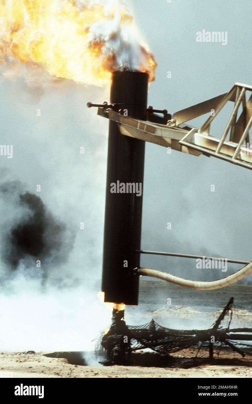 Vigili del fuoco di The Boots and Coots Oil Well Firefighting Company utilizza una gru per coprire un pozzo di fuoco dopo l'operazione Desert Storm. Il pozzo, situato nei campi di petrolio di Ahman, è uno dei tanti posti in preda alle forze irachene prima del loro ritiro dal Kuwait. Subject Operation/Series: DESERT STORM base: Ahman Oil Fields Paese: Kuwait(KWT) Foto Stock