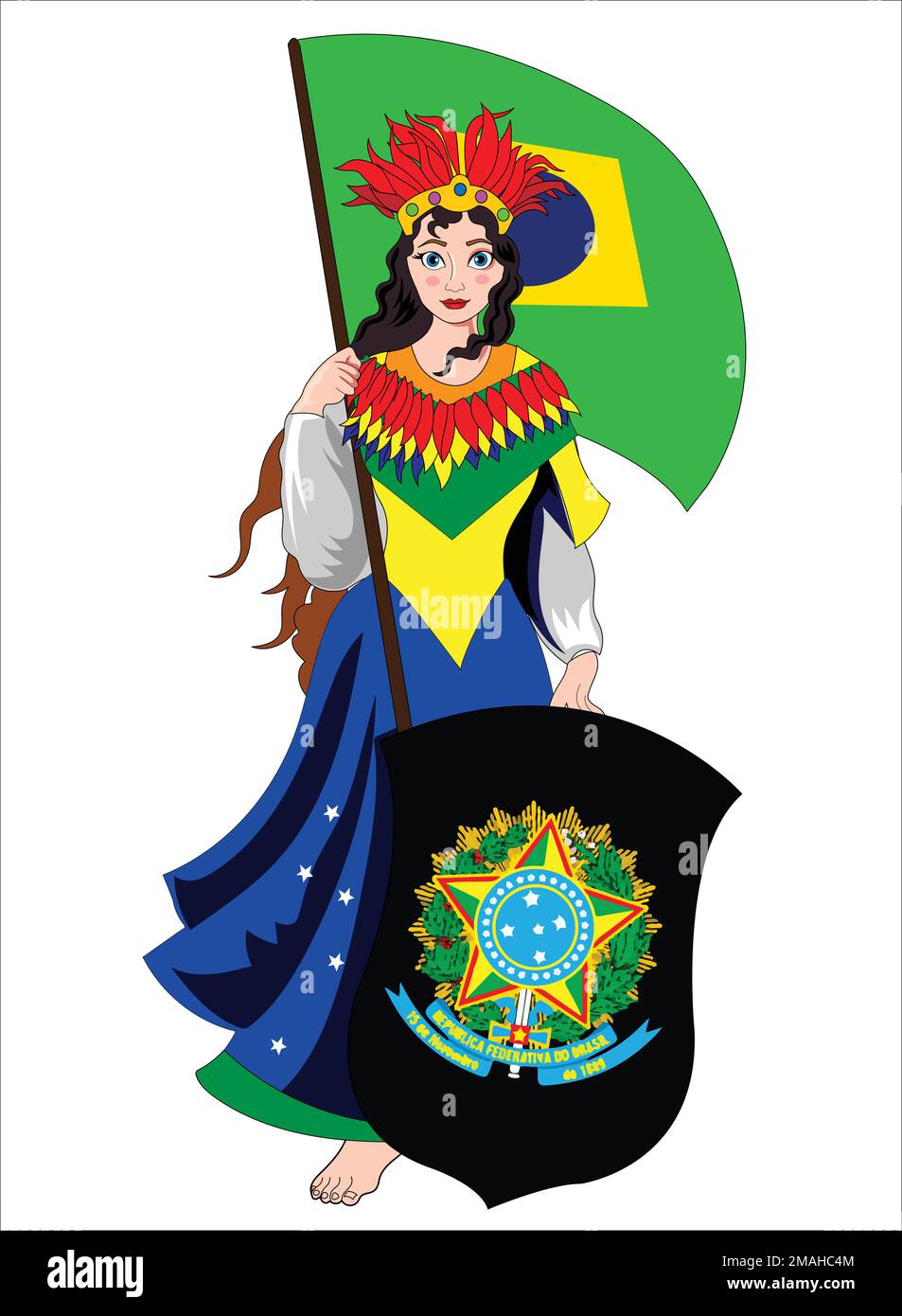 Ragazza del Brasile che tiene bandiera e illustrazione del vettore dello scudo Illustrazione Vettoriale