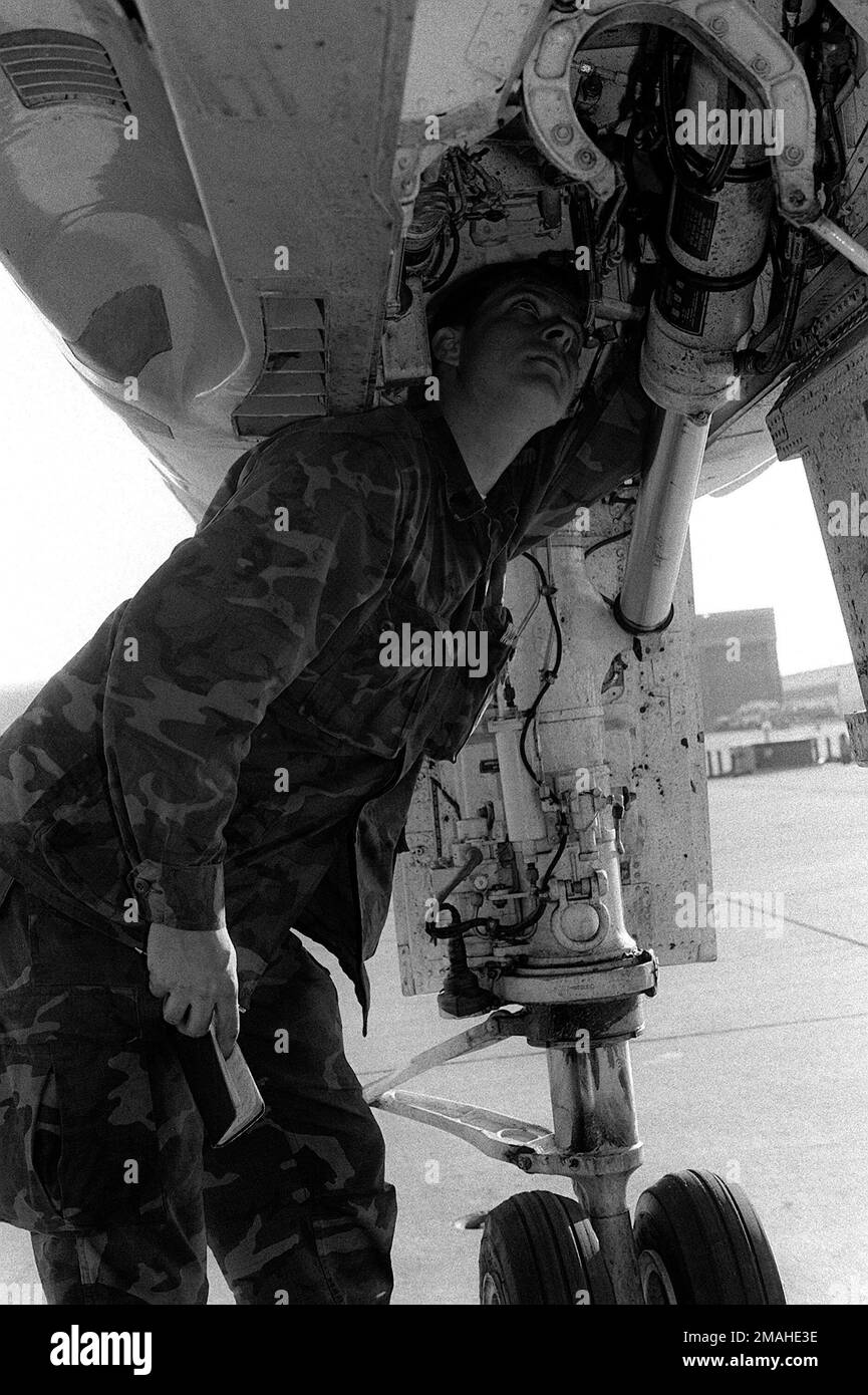 SGT. Terry Bryant, un reserviser con Marine Fighter/Attack Squadron 321 (VMFA-321), Andrews Air Force base, MD., esamina l'ingranaggio del naso su un F-4 Phantom Aircraft. È qui per le sue due settimane di formazione annuale. Base: Marine Corps Air Station, Yuma Stato: Arizona (AZ) Paese: Stati Uniti d'America (USA) Foto Stock