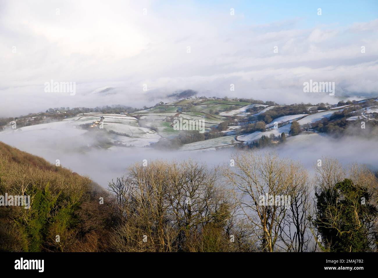 Paesaggio collinare invernale e boschi con fattorie innevate e modelli di campo che appaiono attraverso la nebbia vicino Llandovery Carmarthenshire Wales KATHY DEWITT Foto Stock