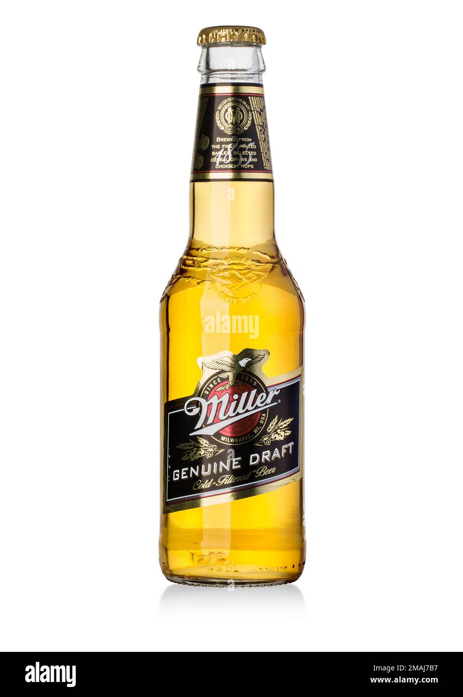 Chisinau, Moldova 26 gennaio 2016: Miller Genuine Draft è la birra alla spina confezionata filtrata a freddo originale, un prodotto della Miller Brewing Company OW Foto Stock
