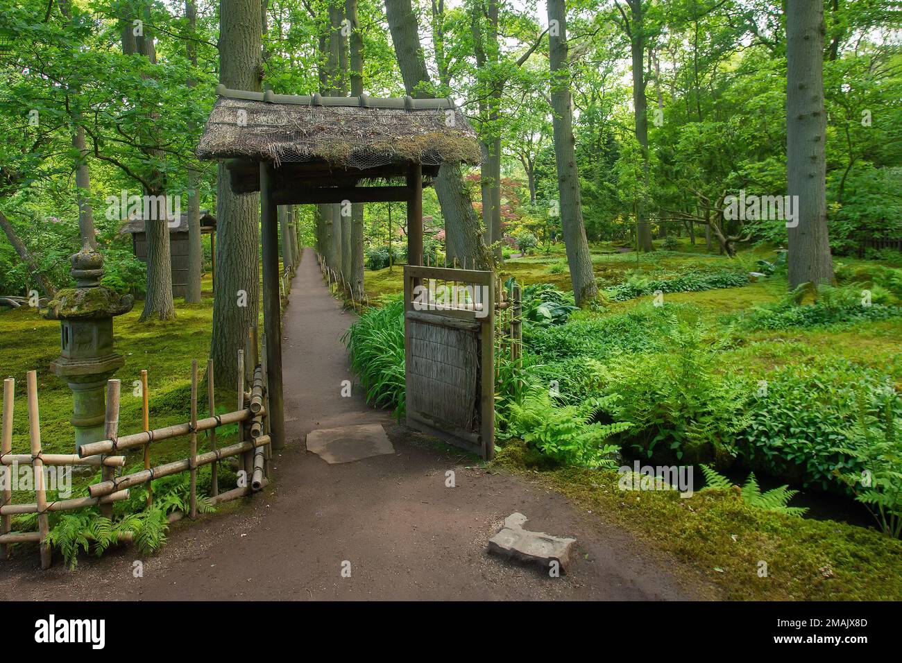 Modesto (ma autentico!) Porta d'ingresso in legno al giardino giapponese dell'Aia con tetto in paglia, lanterna in pietra e felci. Il parco è aperto a ma Foto Stock