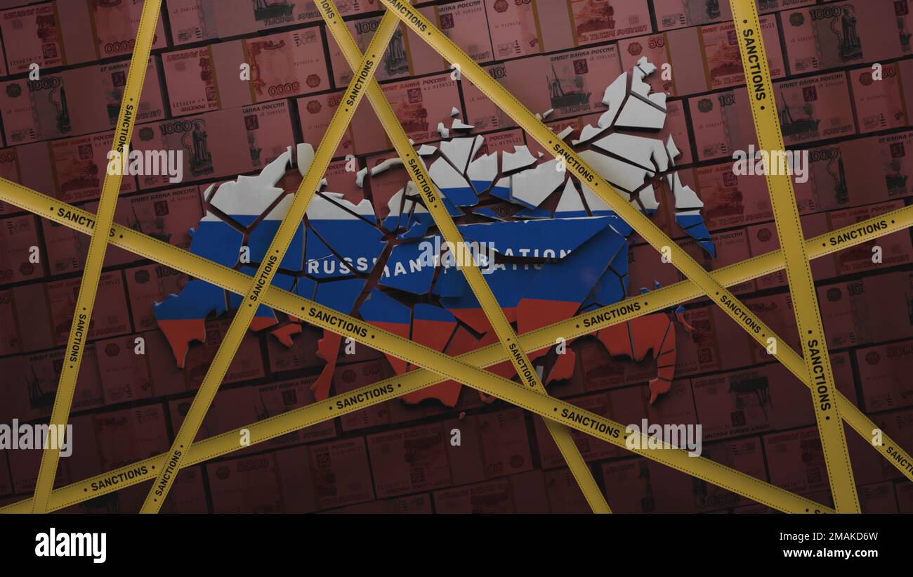 3D rappresentazione della mappa della Russia divisa in diversi pezzi ricoperti di nastro giallo. 3D rendere il concetto di finanza, petrolio e gas sanzioni mondiali contro la Federazione russa. Sfondo rosso con soldi. Foto Stock