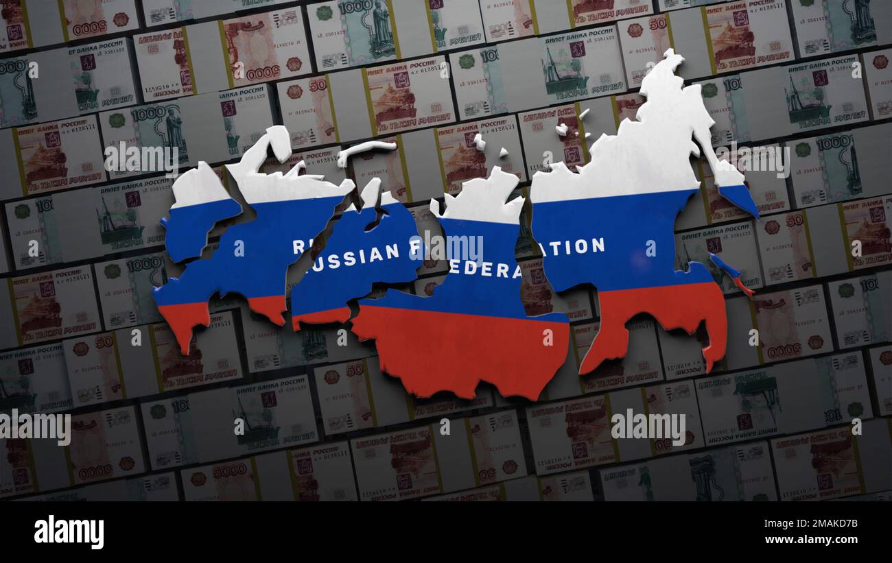 3D resa della mappa della Federazione Russa collassata in parti diverse. 3D rendere concetto di crollo della Russia, crisi finanziaria e oligarchia. Soldi sullo sfondo. Stop alla guerra. Fermare la Russia. Foto Stock