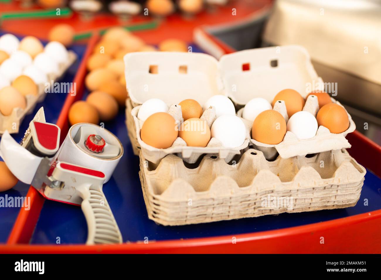 Primo piano di imballaggio e cernita di uova fresche di pollo biologiche in scatola di cartone in azienda agricola Foto Stock