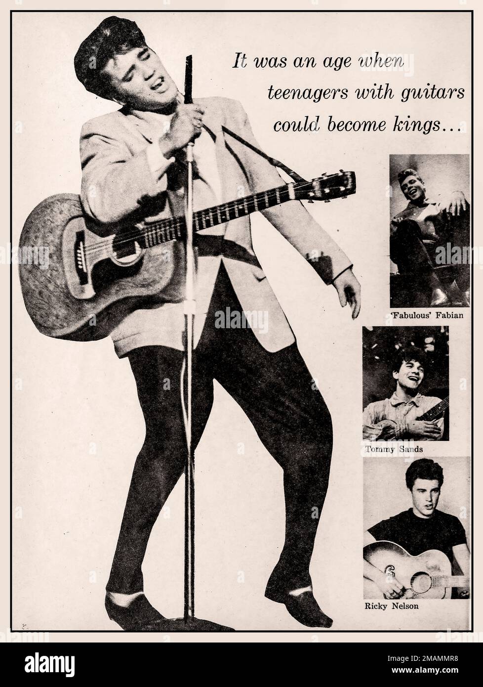 RETROSPETTIVA DI ELVIS PRESLEY 1950s Vintage Modern Screen 1960s sul 1950s con Elvis Presley. Promozione Hollywood Press Still USA Foto Stock