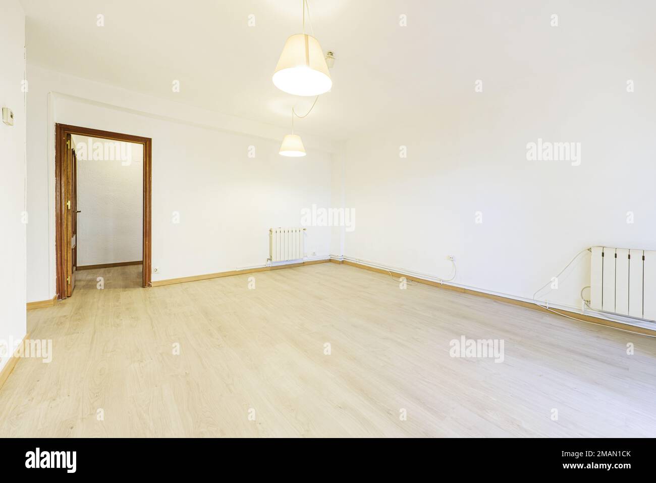 Soggiorno di una casa vuota con porte in sapele e pavimenti in legno chiaro e lampade a sospensione dal soffitto Foto Stock