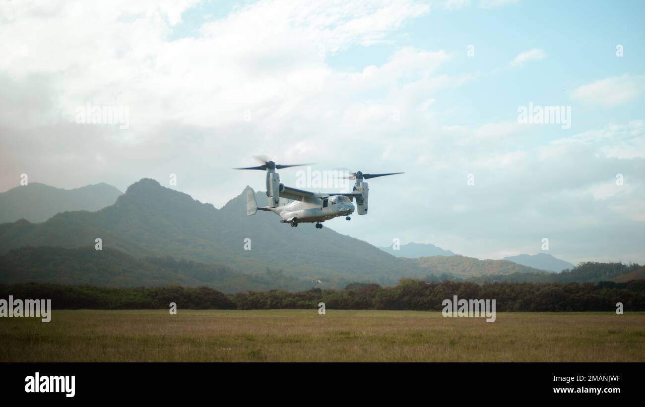 STATI UNITI Marines con Marine Medium Tiltrotor Squadron 363 si preparano a sbarcare un MV-22 Osprey durante un 1st Battaglione, 12th Marines formazione evento al corpo dei Marine Training Area mantici, Hawaii, 18 gennaio 2023. Marines con 1/12 ha completato una navigazione e pattugliamento corsia di sicurezza per mantenere la letalità a livello di squadra. (STATI UNITI Foto del corpo marino di Sgt. Patrick King) Foto Stock