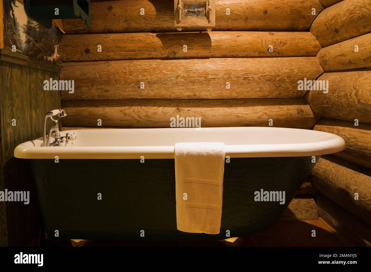 Vasca da bagno indipendente nel bagno principale all'interno di una casa in legno in stile scandinavo. Foto Stock