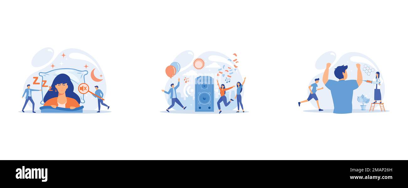 Uomo d'affari che dorme a letto e russare, arrabbiato svegliare le persone piccole ascoltare, giovani persone piccole ascoltare la musica e ballare nel parco della città in estate pa Illustrazione Vettoriale