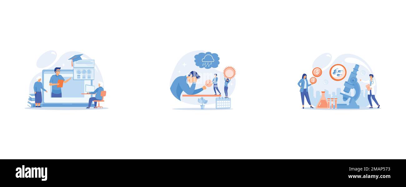 Webinar, lezione su Internet, un uomo d'affari che si sente male con sintomi depressivi, persone piccole, persone piccole scienziati in laboratorio producono farmaci Illustrazione Vettoriale