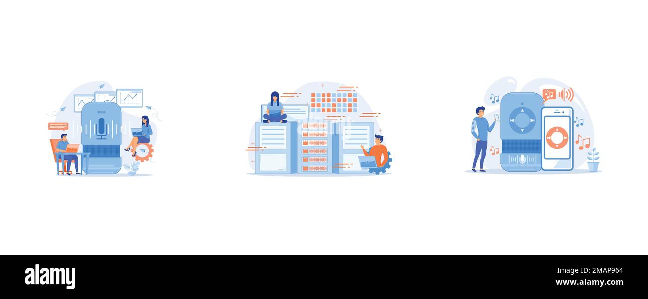 Altoparlante intelligente utilizzato dai dipendenti dell'ufficio, analisti di database con computer portatili che lavorano con i dati al centro, utente che riproduce musica su altoparlante intelligente e mobile p Illustrazione Vettoriale
