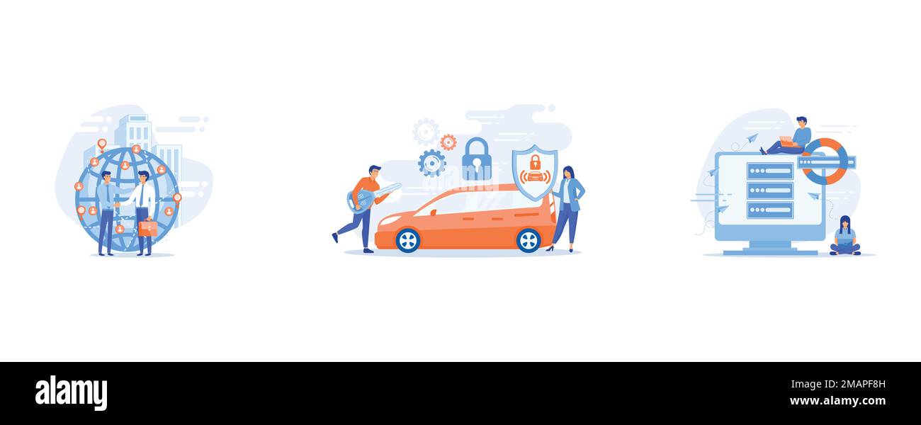 Negoziazione di partnership di successo, partner handshaking, sistema di allarme auto, sistema antifurto, veicolo furti statistiche concetto, piccolo programma persone Illustrazione Vettoriale