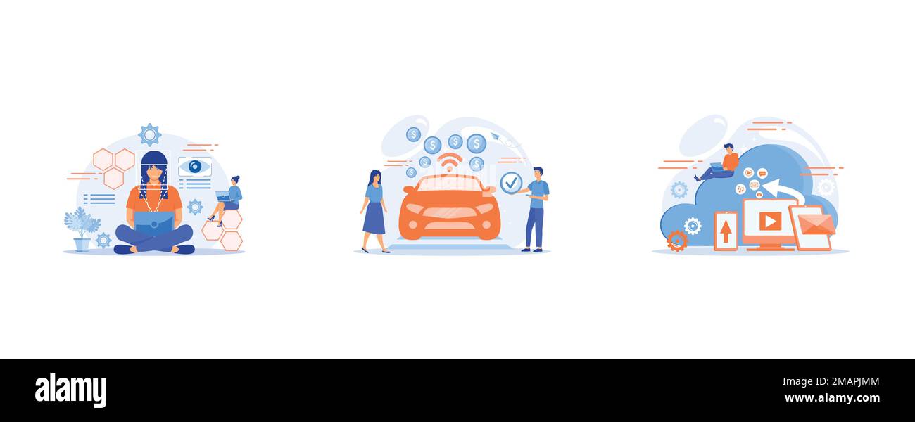 Uomo d'affari e tecnologia che misura la posizione e il movimento dell'occhio, persone piccole, persone d'affari che pagano in veicolo dotato di sistema di pagamento in-car, Clos Illustrazione Vettoriale