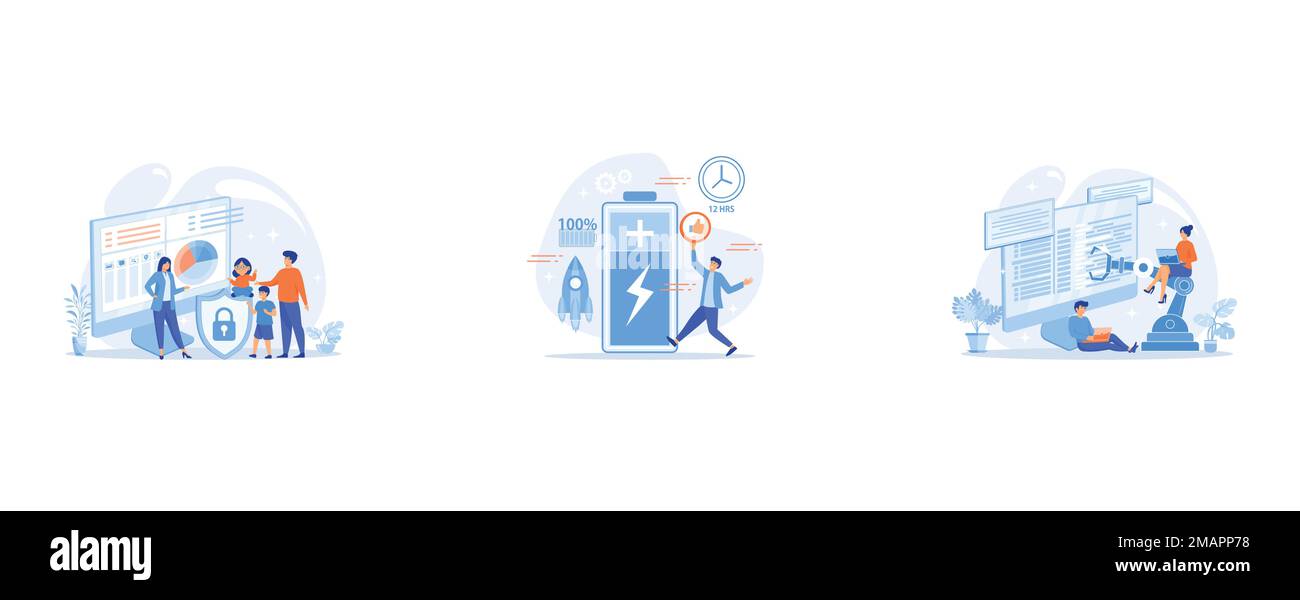 Genitori con figli che utilizzano software per il controllo dei contenuti, Battery runtime, tecnologia extend runtime, concetto di lunga durata della batteria, Developer at laptop e c Illustrazione Vettoriale