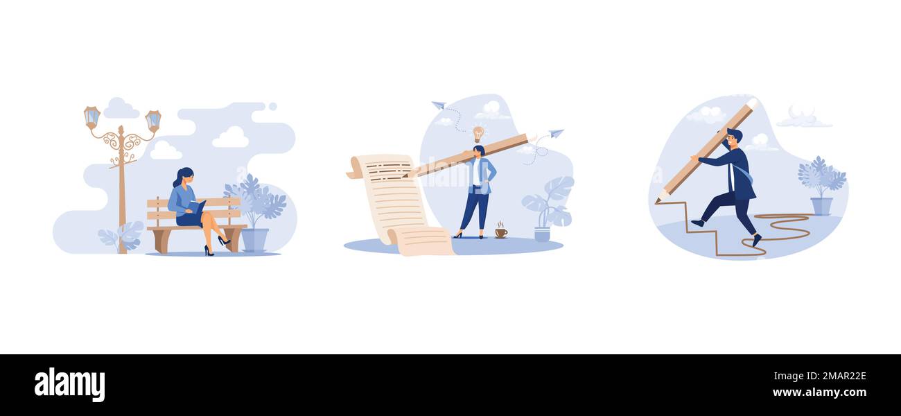 Donna seduta sulla panca e libro di lettura, scrittore di contenuti, blogger, giornalista proiettile o editoriale concetto di editore, sviluppo di business di successo, str Illustrazione Vettoriale