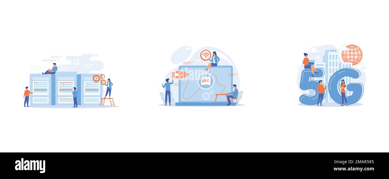 Tecnici e amministratori di data center che lavorano con i server, un uomo d'affari al tavolo che utilizza un computer portatile con connessione ethernet, una rete 5g Illustrazione Vettoriale