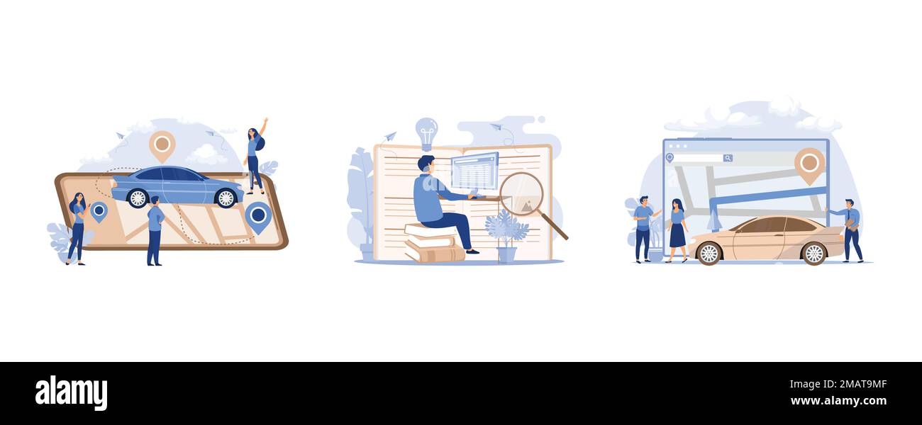 Sistema GPS, corsi online e business, assicurazione risparmio finanziario, impostare piatto vettore moderno illustrazione Illustrazione Vettoriale