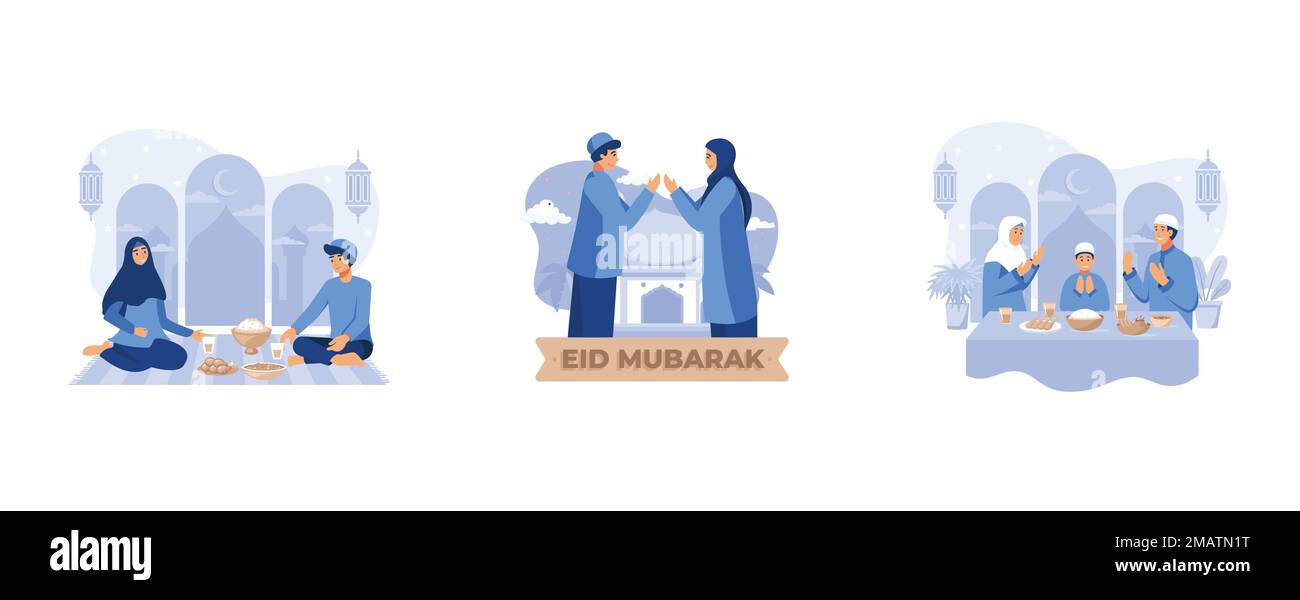 Coppia musulmana che prega prima di avere iftar dopo il digiuno durante Ramadan Kareem Mubarak, felice ramadan mubarak saluto concetto con persone carattere fo Illustrazione Vettoriale