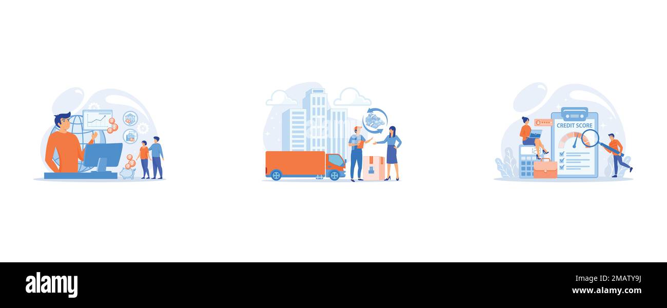 Strategia aziendale e pianificazione del budget, trasporto merci urbano, trasporto merci, rimborso in contanti, concetto di restituzione dei pacchi, Gli analisti di gente molto piccola e. Illustrazione Vettoriale