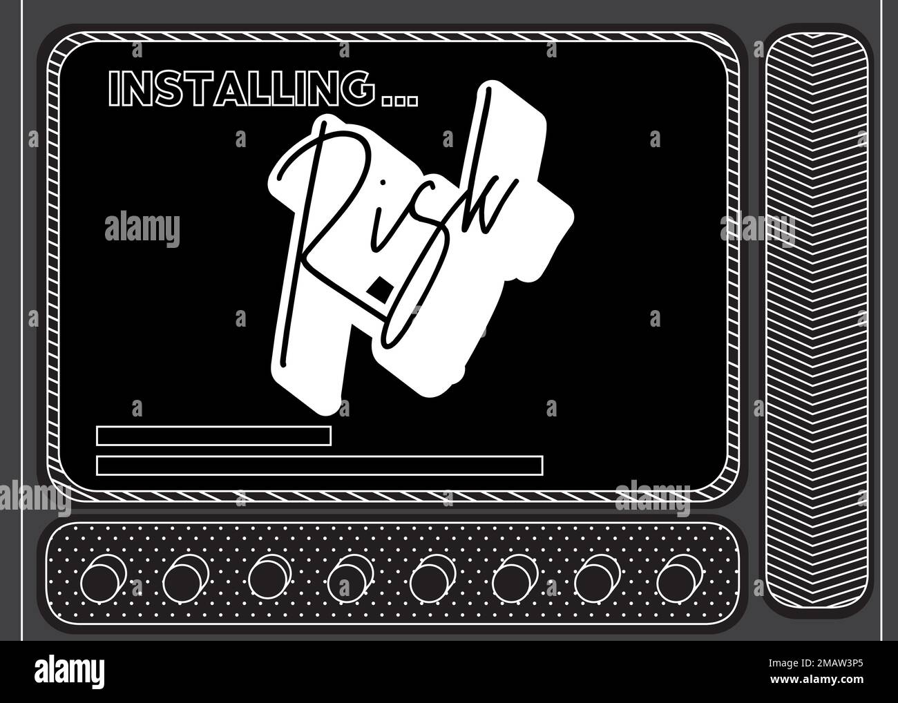 Computer cartone animato con la parola rischio. Messaggio di una schermata che visualizza una finestra di installazione. Illustrazione Vettoriale