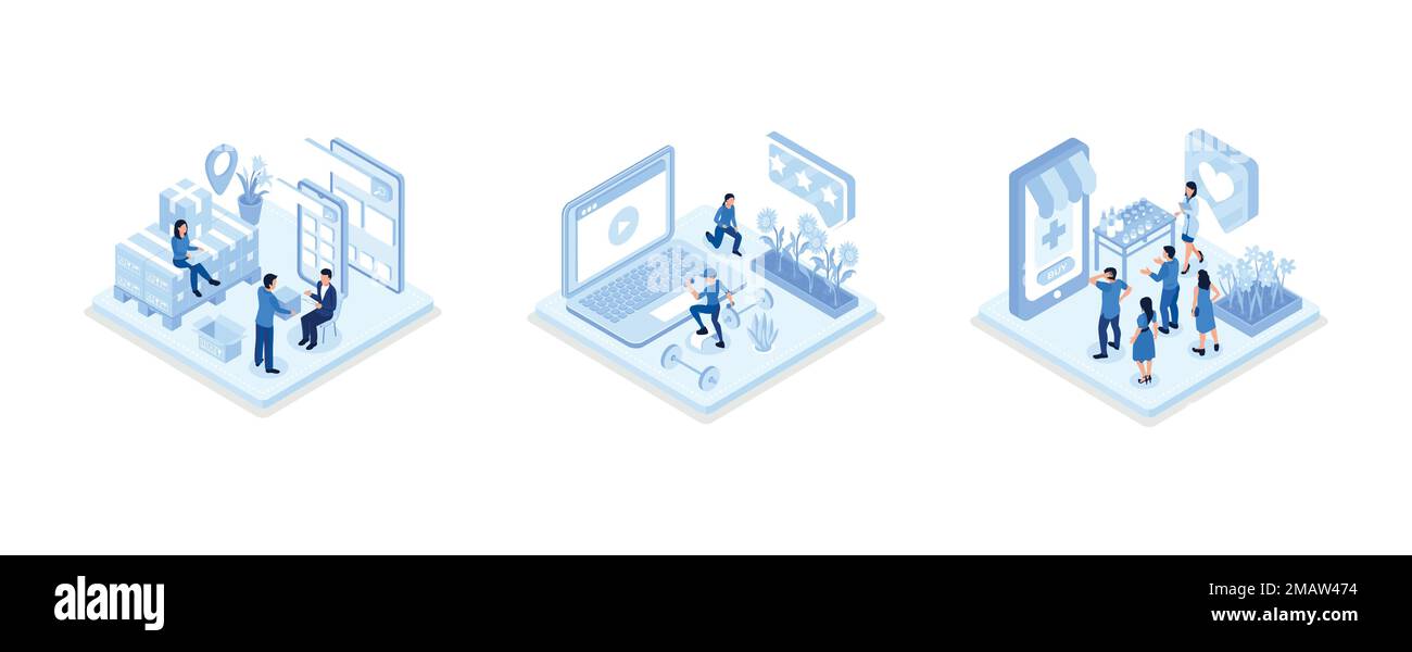 Servizio di consegna in linea modello di bandiera di fotoricettore, concetto di sport sano e di idoneità, farmacista medico in deposito in linea, illustre moderno isometrico del vettore Illustrazione Vettoriale