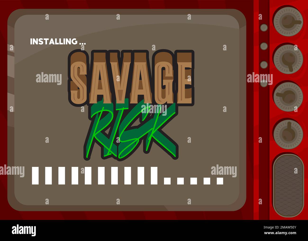 Computer cartoon con la parola Savage rischio. Messaggio di una schermata che visualizza una finestra di installazione. Illustrazione Vettoriale