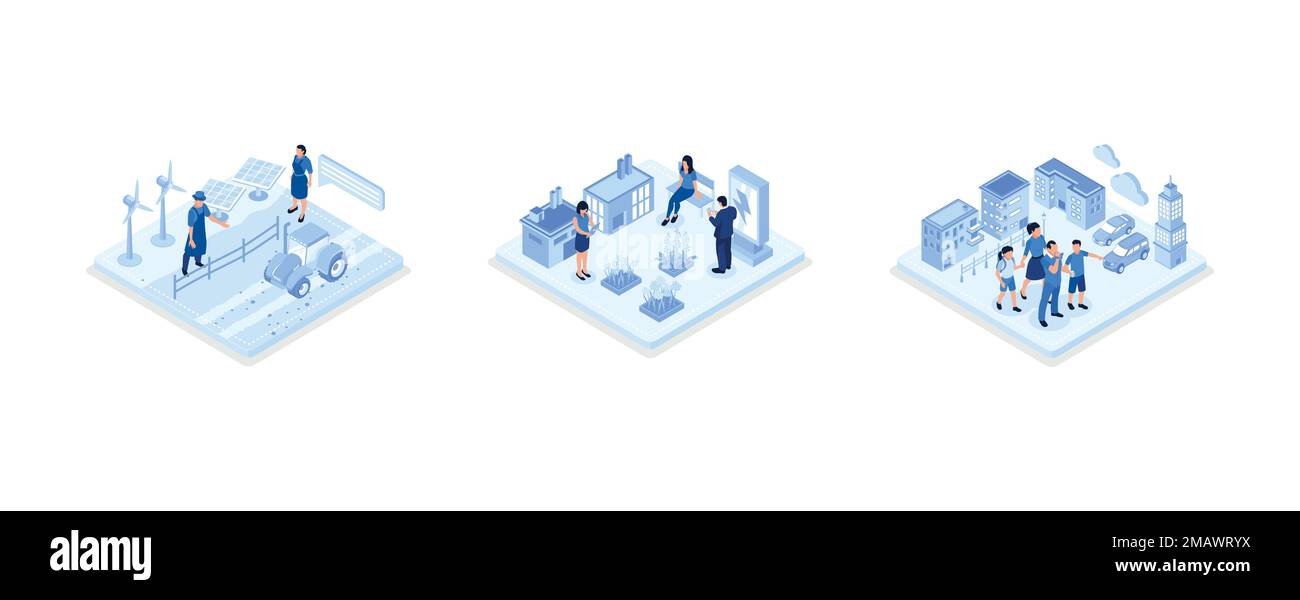 Colorful Smart Farm su un dispositivo digitale con fienile in legno, turbine eoliche, pannelli solari fotovoltaici, e drone, Green Industrial Factory con rinnovabile Illustrazione Vettoriale