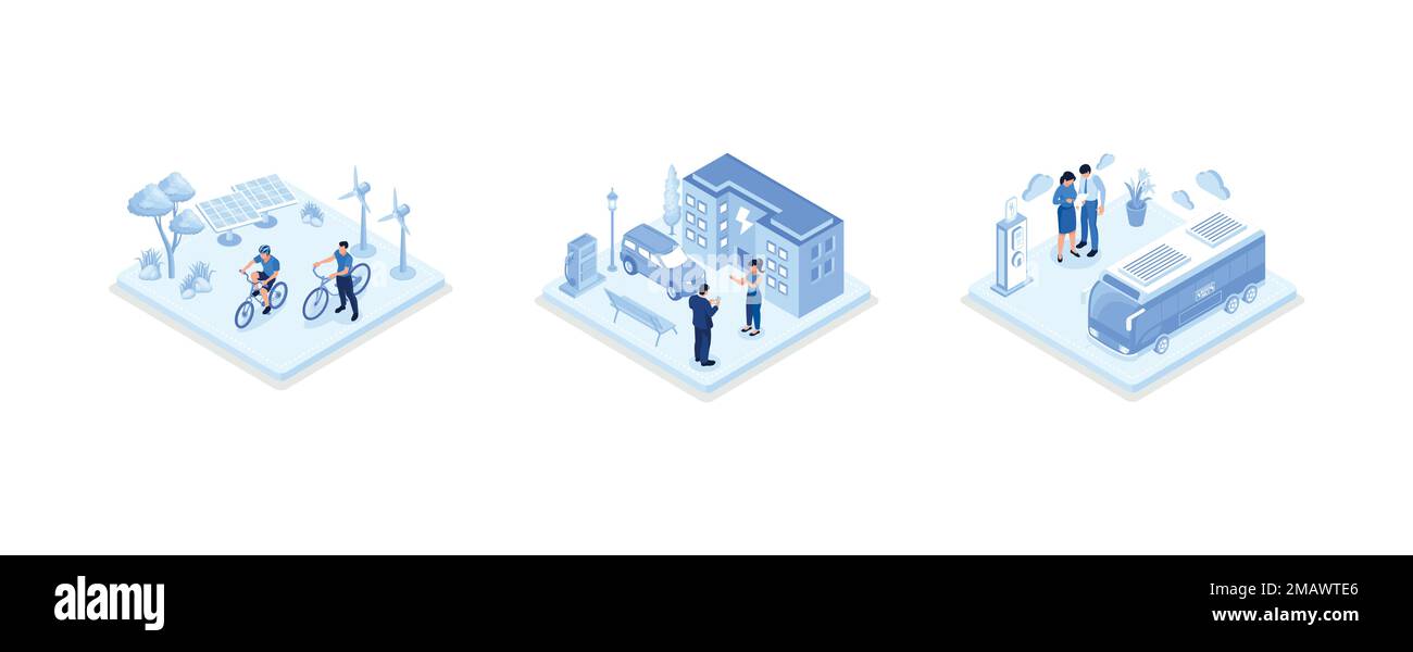 Set di illustrazioni per il trasporto sostenibile. Veicolo elettrico privato vicino alla stazione di ricarica, bicicletta elettrica e mezzi pubblici nella città moderna. Ecocompatibile Illustrazione Vettoriale