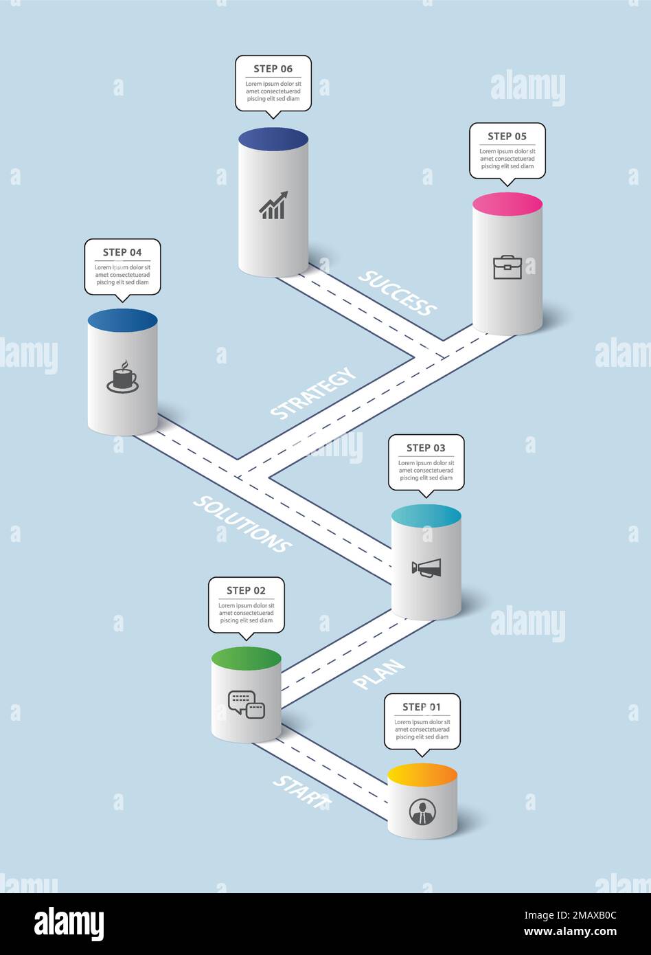 Infografica cilindro timeline per il successo di business con 6 modello di dati numero. Sfondo astratto dell'illustrazione vettoriale. Illustrazione Vettoriale